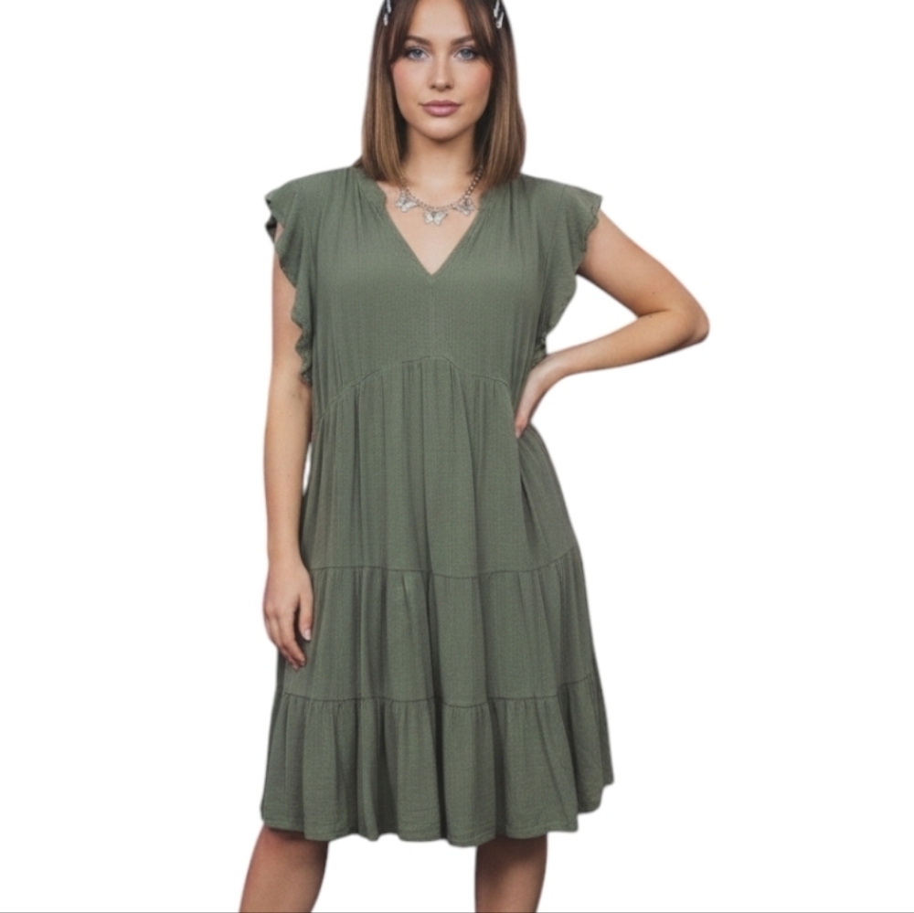Ivy Dress Babydoll Tiered Womens XL Boho Forest Fairy Flutter Sleeves Soft Green